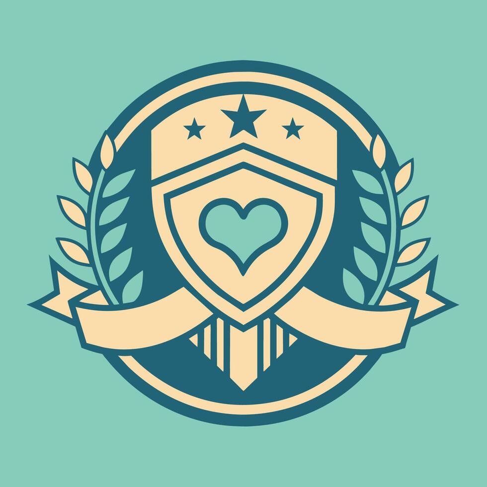 A shield featuring a heart symbol surrounded by a ribbon, Create a minimalistic emblem capturing the essence of friendliness vector