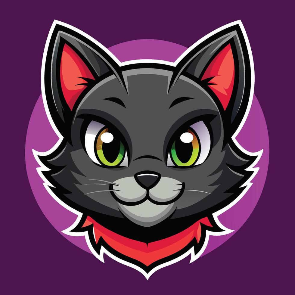 A black cat with vibrant green eyes wearing a bright red collar, Cute Black Cat Head Logo Mascot vector