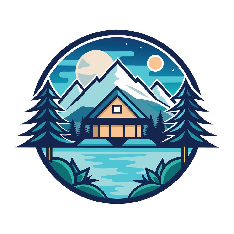 A cabin nestled in the woods with a serene lake and towering mountains in the background, Design a minimalist logo for a lakeside resort that exudes tranquility vector