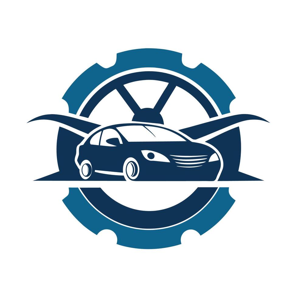 un coche posicionado dentro un grande engranaje rueda, simbolizando mecánica y precisión ingeniería, crear un sencillo aún elegante gráfico para un automotor mantenimiento empresa vector