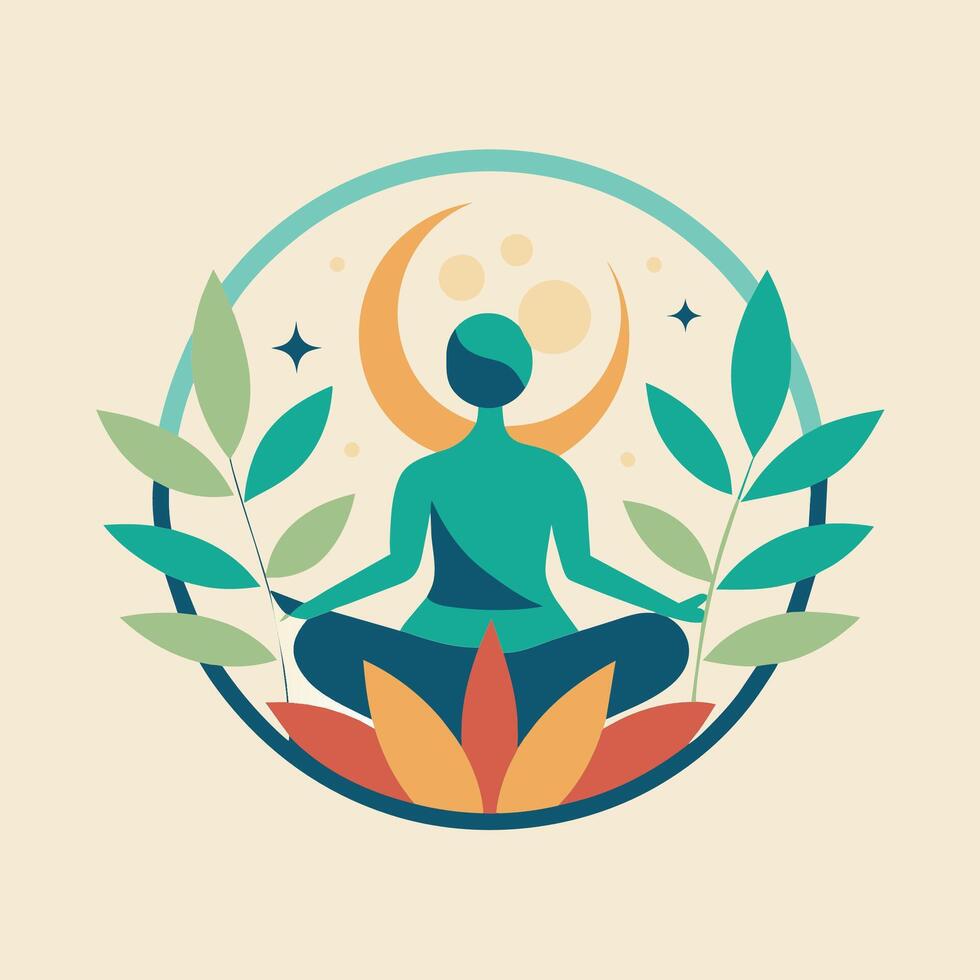 A person sits in a lotus position with leaves scattered around them, Create a minimalist artwork that reflects the commitment to physical wellness and self-care vector