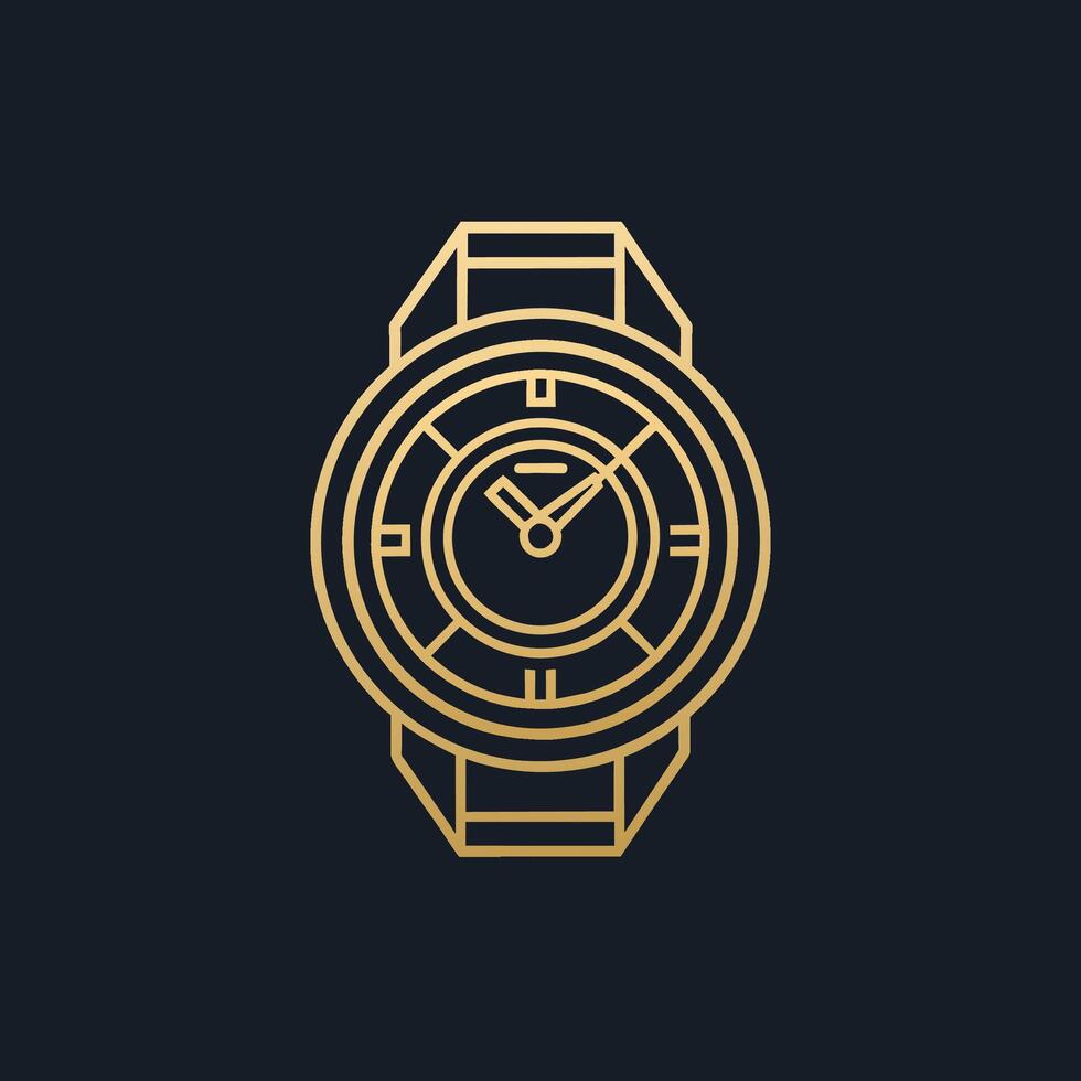 elegante oro reloj desplegado en un pulcro negro fondo, diseño un sencillo y elegante logo para un lujo reloj boutique utilizando sólo un línea vector