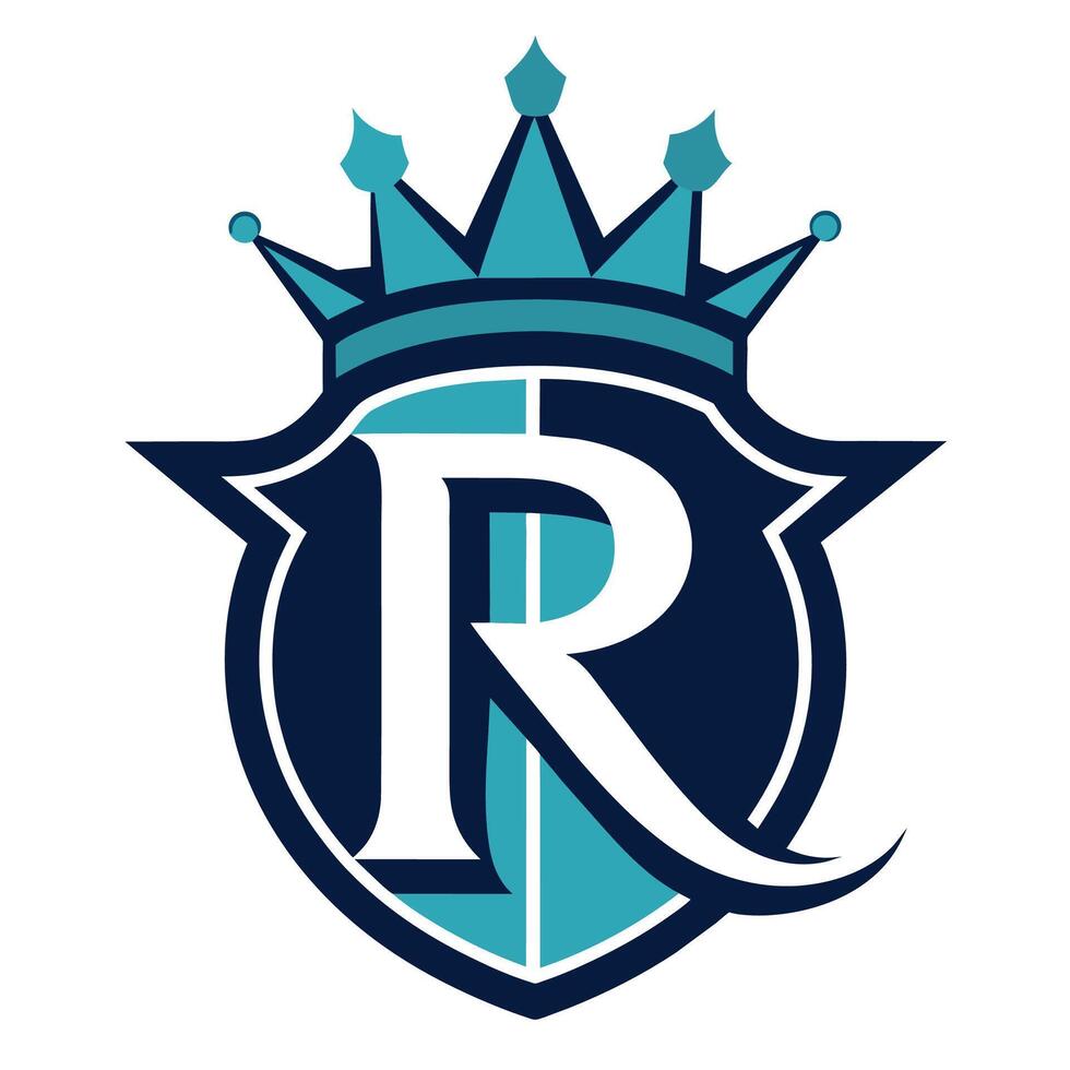 A blue and white logo featuring a crown on top, crown letter R logo vector