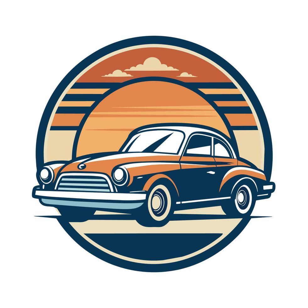 un antiguo coche estacionado con un puesta de sol en el fondo, diseño un logo ese capturas el nostalgia y eterno elegancia de Clásico automóviles vector