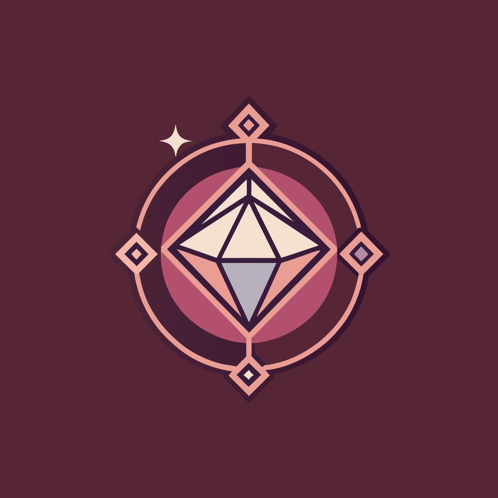 un diamante forma adjunto dentro un círculo, conjunto en contra un púrpura fondo, diseño un moderno logo para un hecho a mano joyería Tienda con un minimalista piedra preciosa icono vector