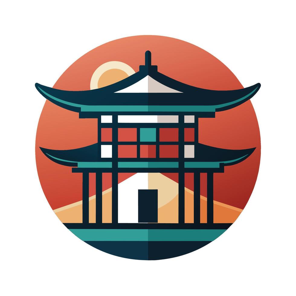 A Chinese building with a pagoda design stands against a sunset background, A traditional Japanese temple design with a pagoda roof and wooden beams vector