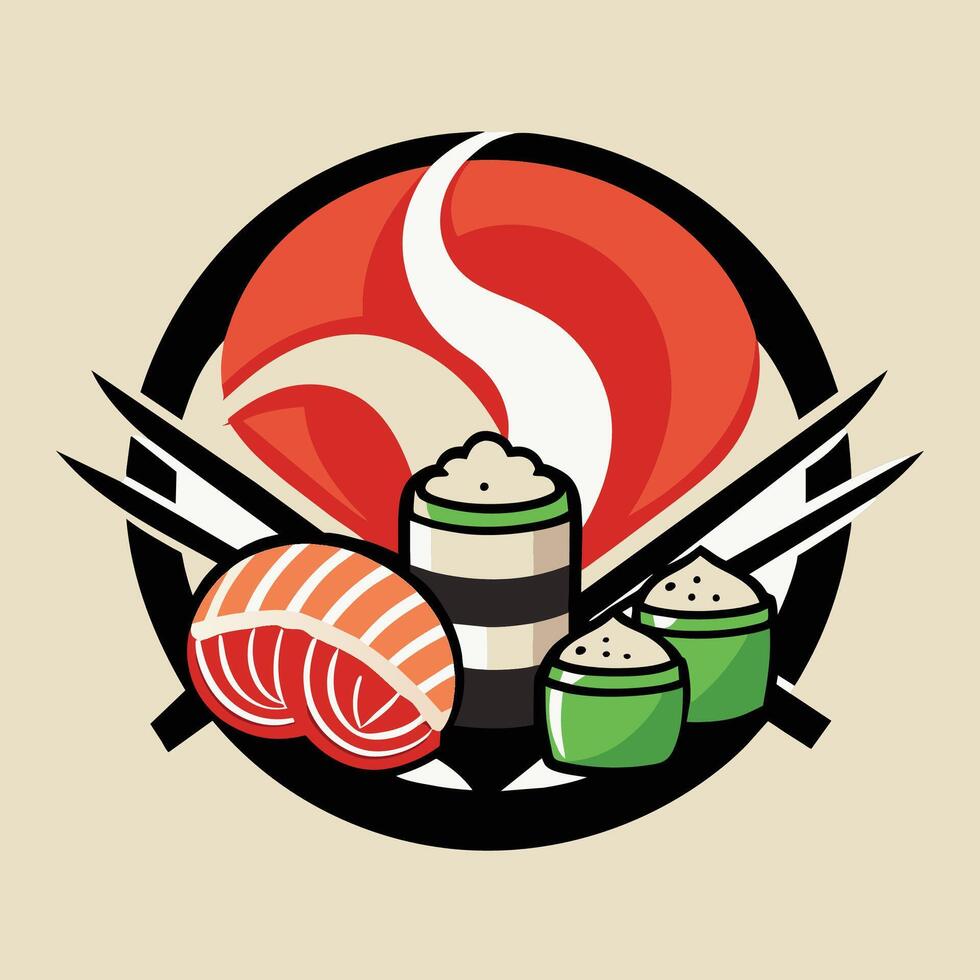 un plato con Fresco Sushi rollos y de madera palillos en un blanco superficie, arte un minimalista logo para un de moda Sushi bar ese se especializa en creativo rollos y motivo emparejamientos vector