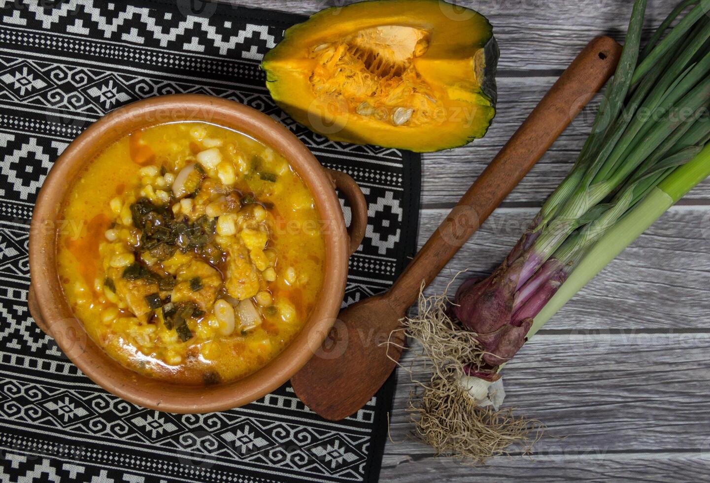 Northern locro dish and ingredients, typical to celebrate national days in Argentina. Traditional gastronomy photo