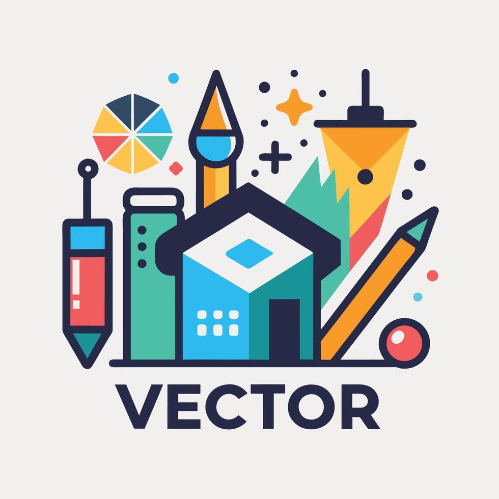 vistoso logo diseño exhibiendo un casa y lápiz en un dinámica composición, crear un visual identidad para un creativo estudio especializándose en limpiar y sencillo diseños vector