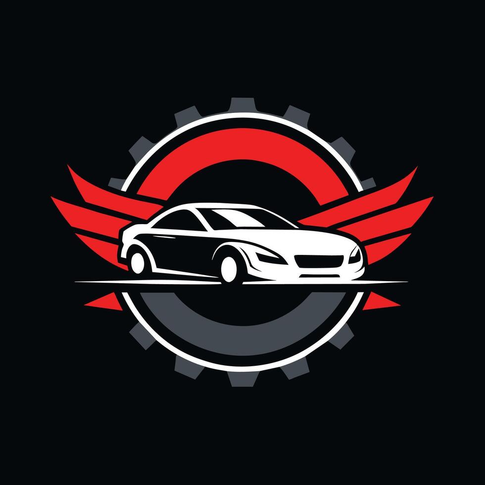 A sleek car with wings superimposed on a black background, Generate a clean and modern logo for an auto repair garage vector