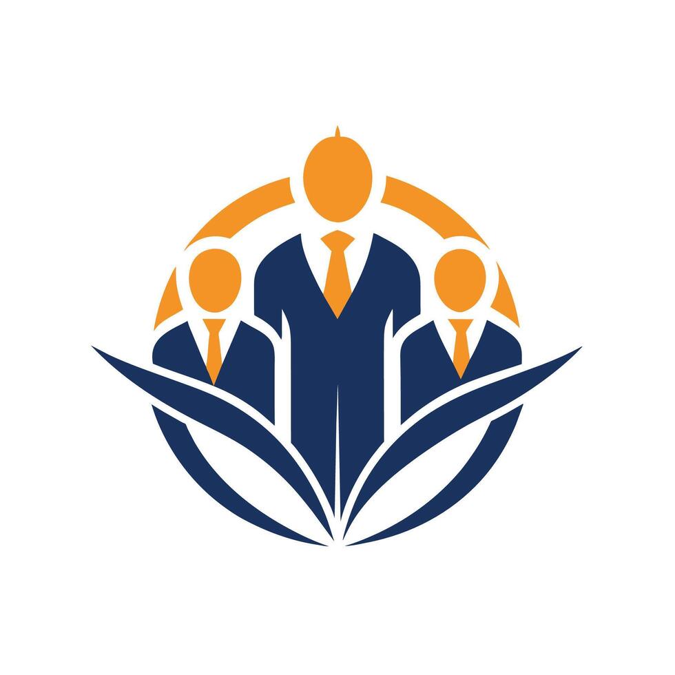 People gathered in front of a blue and orange logo, Develop a clean, elegant logo for a conference management firm vector