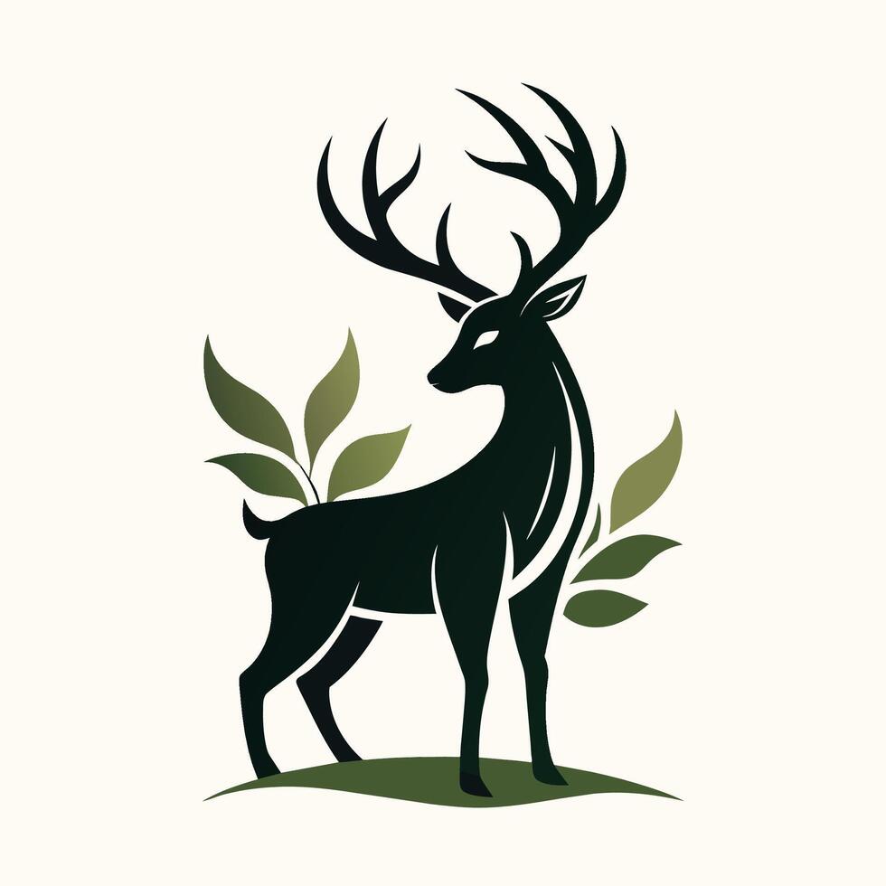 A deer is standing next to a tree filled with leaves in a forest setting, deer line logo vector