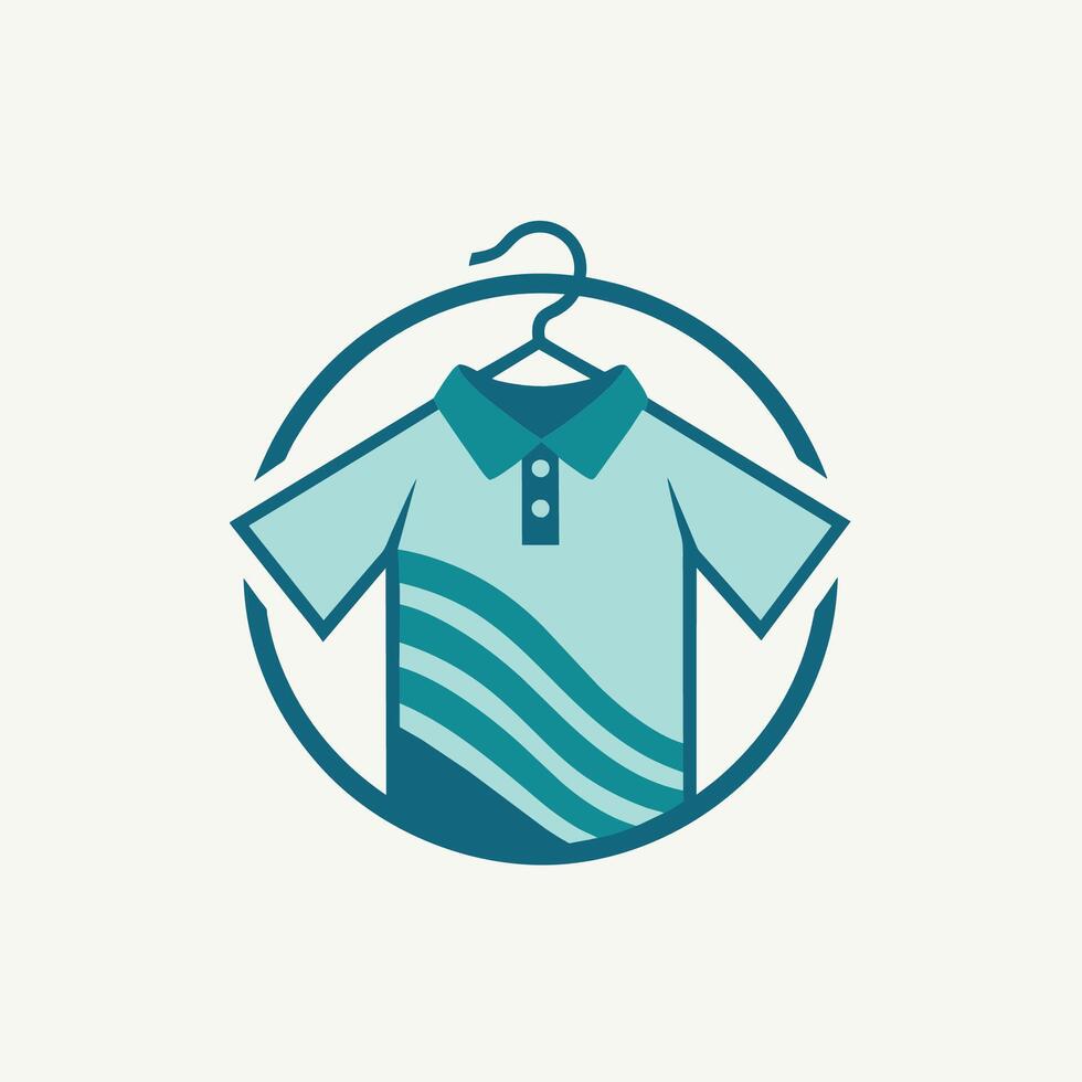 un polo camisa en apagado tonos cuelga en un de madera percha en contra un llanura fondo, diseño un minimalista logo para un innovador tecnología puesta en marcha vector