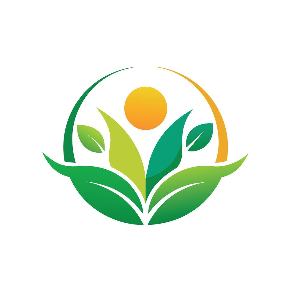 un verde hoja logo conjunto en contra un soleado fondo, simbolizando armonía Entre naturaleza y el sol, diseño un logo ese representa el armonía Entre naturaleza y humanos vector