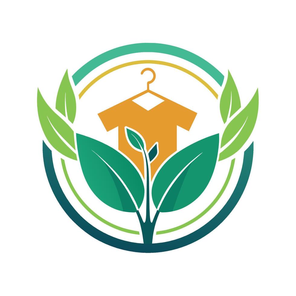 A green leaf rests next to a house with a hanger attached to it, Design a minimalist logo representing sustainable fashion products vector
