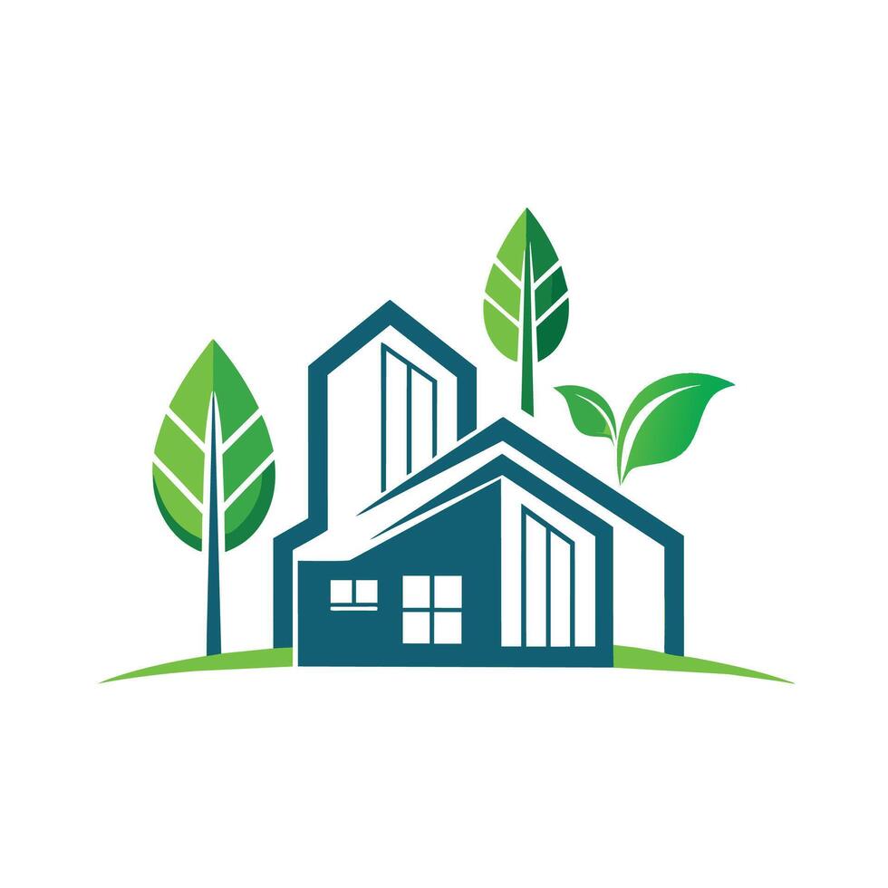 A minimalist house surrounded by trees and leaves on its rooftop, Design minimalist logos for an architectural firm that specializes in sustainable, eco-friendly buildings vector