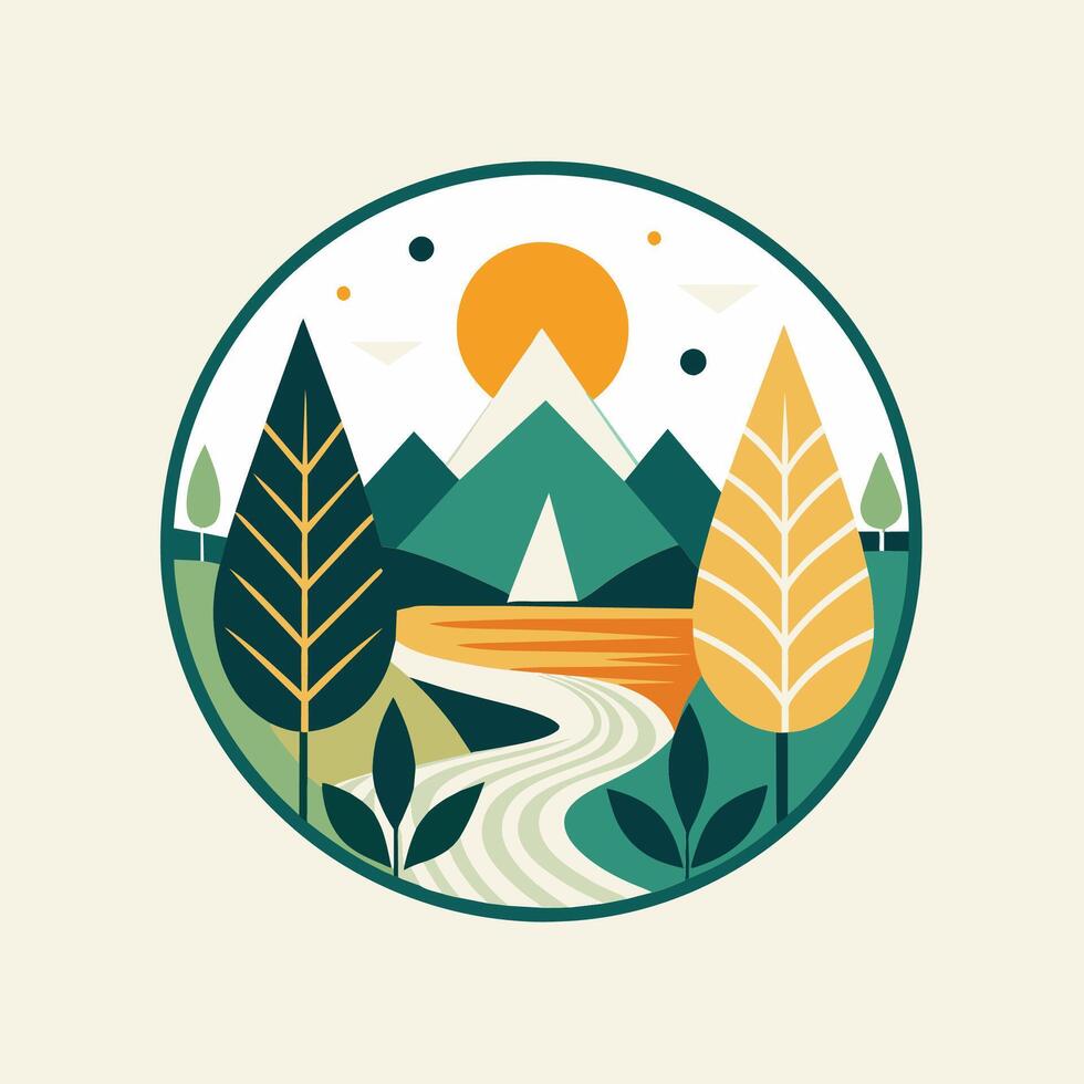 A circle surrounded by trees with mountains in the background, Design a minimalist logo for a wellness retreat with a focus on nature vector