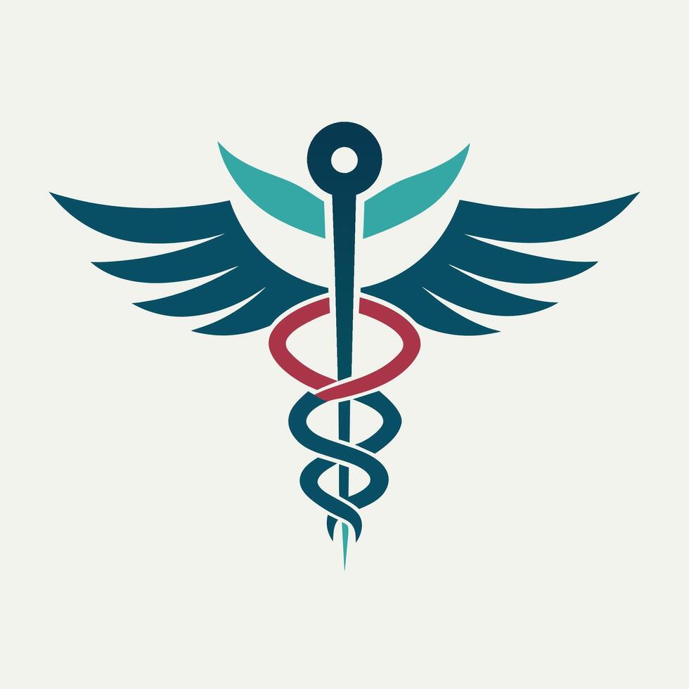 un moderno caduceo símbolo presentando un espada y alas, un pulcro y moderno interpretación de el caduceo símbolo para un médico instalaciones logo vector