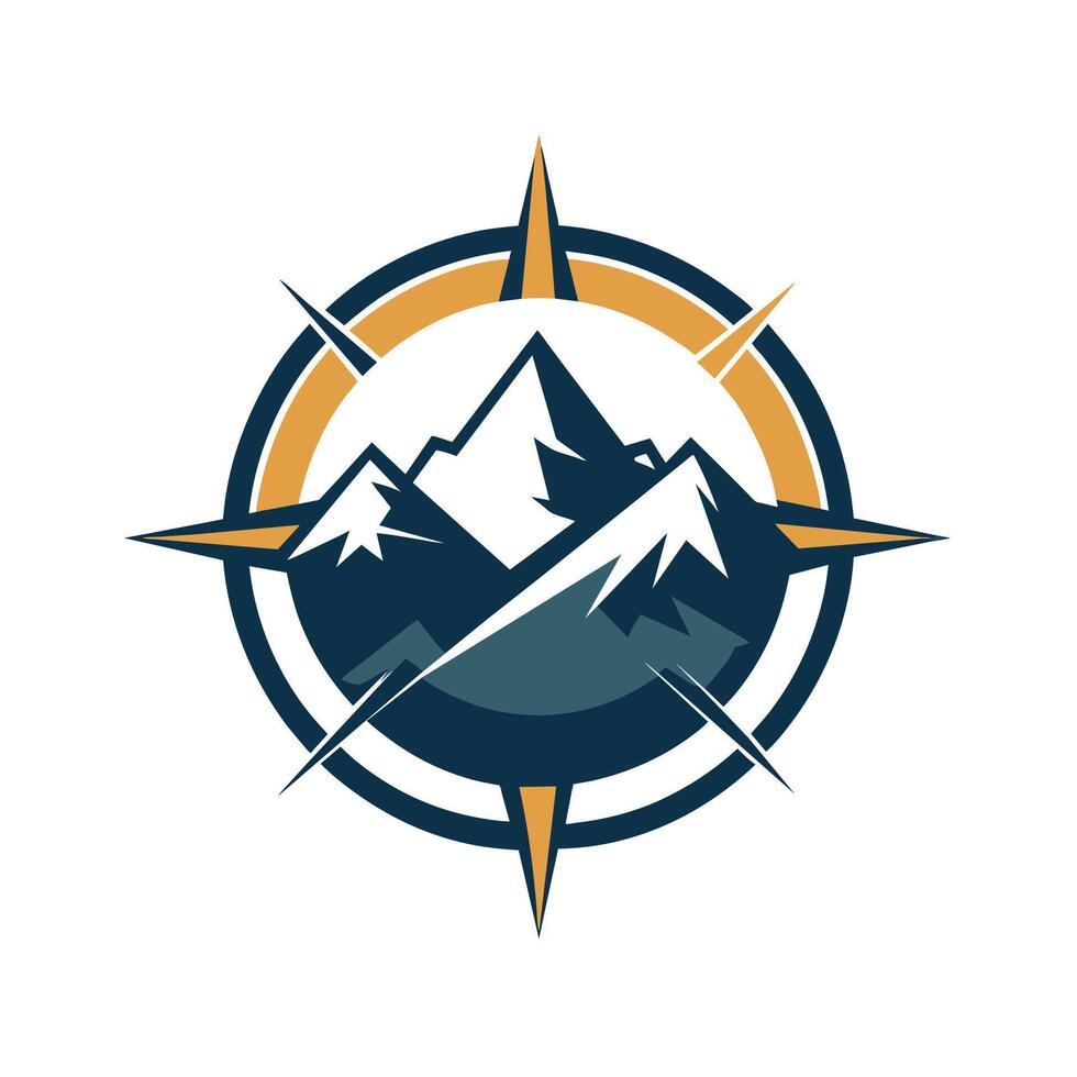 A compass placed in front of a backdrop of majestic mountains under a clear sky, A sleek logo with a minimalist mountain range and compass symbol vector