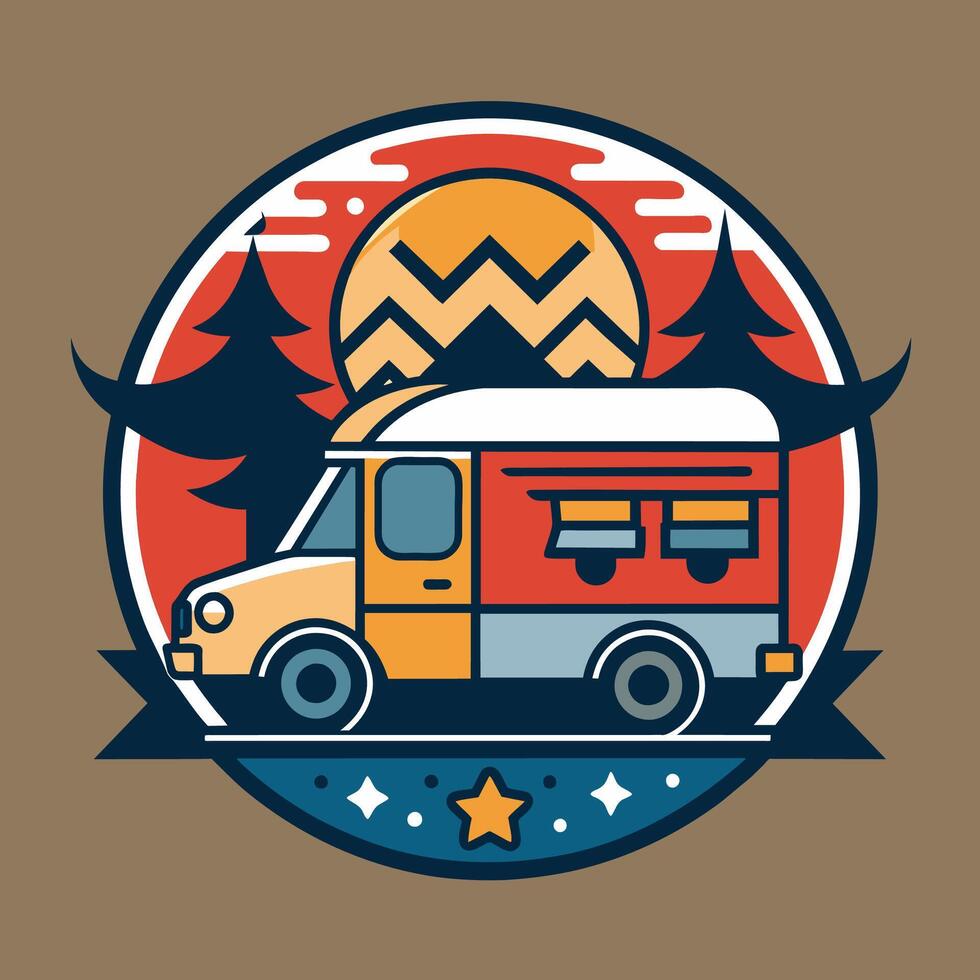 A truck transporting a camper on its back, A sophisticated and elegant logo featuring a minimalist representation of a food truck vector