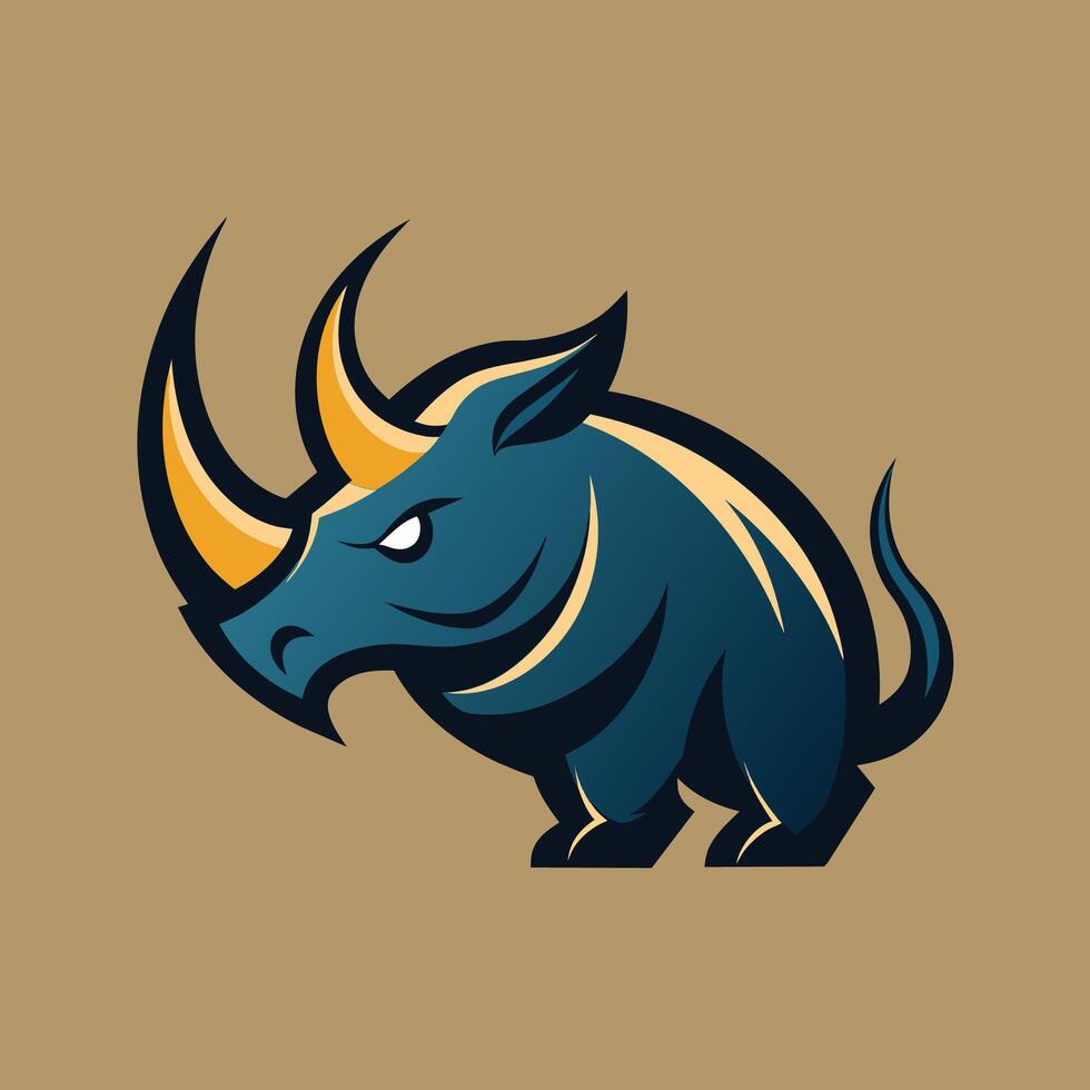 un toro con azul y amarillo piel y prominente cuernos en sus cabeza, crear un minimalista logo de un rinoceronte en un limpio, pulcro estilo vector