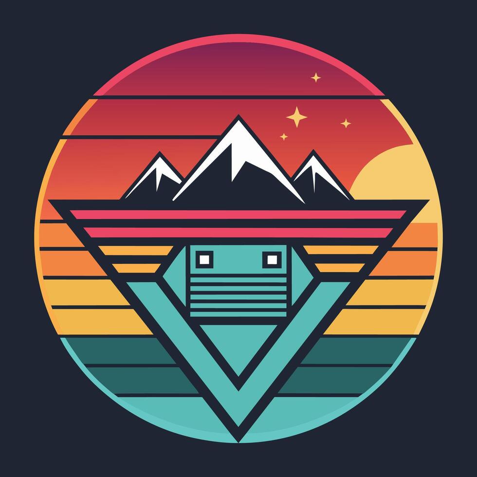 A mountain stands tall with a colorful sunset in the background, Create a minimalist logo inspired by a luxurious silk tie vector