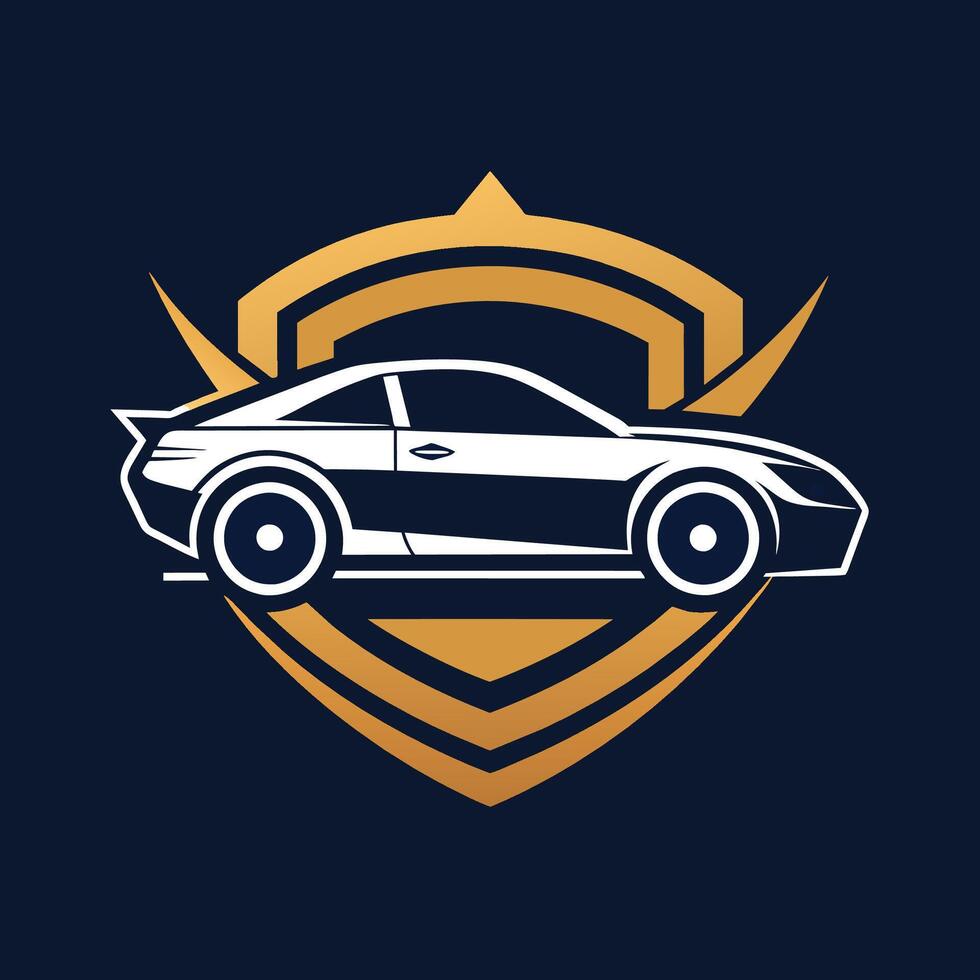 A car featuring a shield secured at the back, ready for protection and defense, A stripped-down representation of a car dealer's branding vector