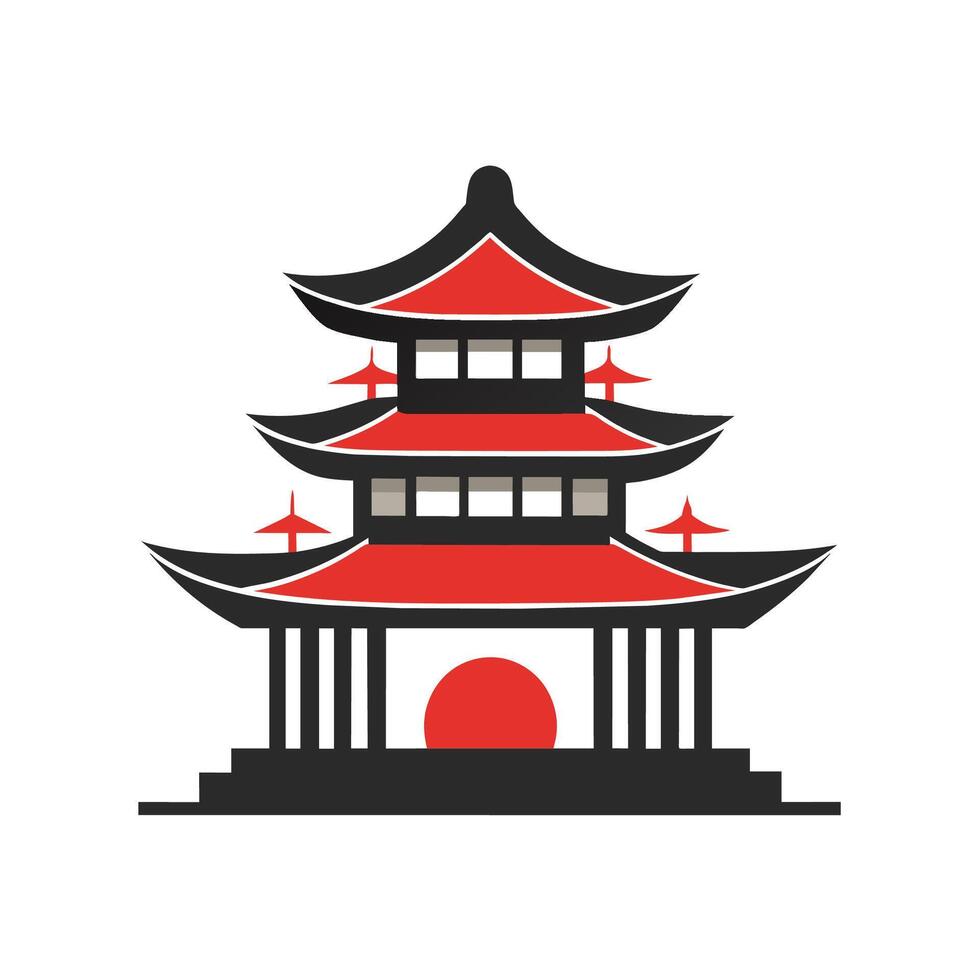 A red and black pagoda standing out against a white background, A traditional Japanese temple design with a pagoda roof and wooden beams vector