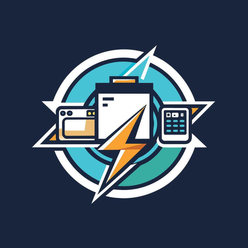 A cell phone and a battery placed on a blue background, Craft a clean and elegant logo for a modern electronics retailer vector