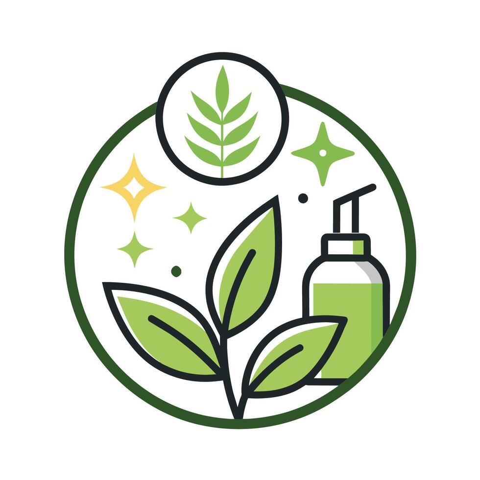 A modern eco-friendly bottle with a fresh green leaf on top, Craft a clean and modern icon for an eco-friendly beauty line vector