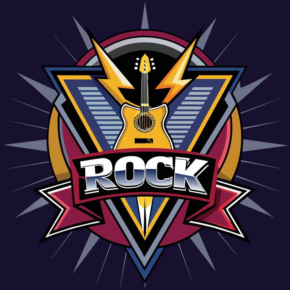 A guitar logo featuring the word rock symbolizing music and energy, Capture the essence of a rock concert in a sleek, modern design vector