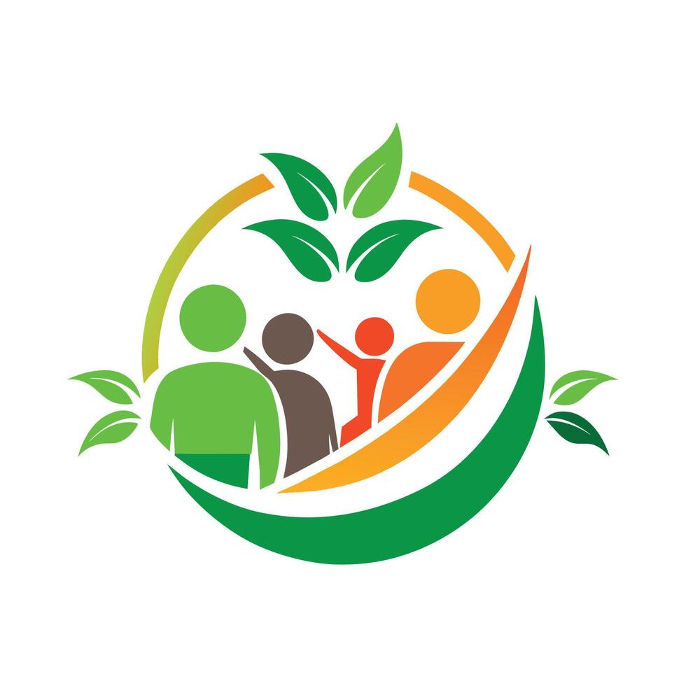 Several individuals standing in circle, holding hands, surrounded by leaves, Create a minimalist logo for a charity dedicated to providing food assistance to families in need vector