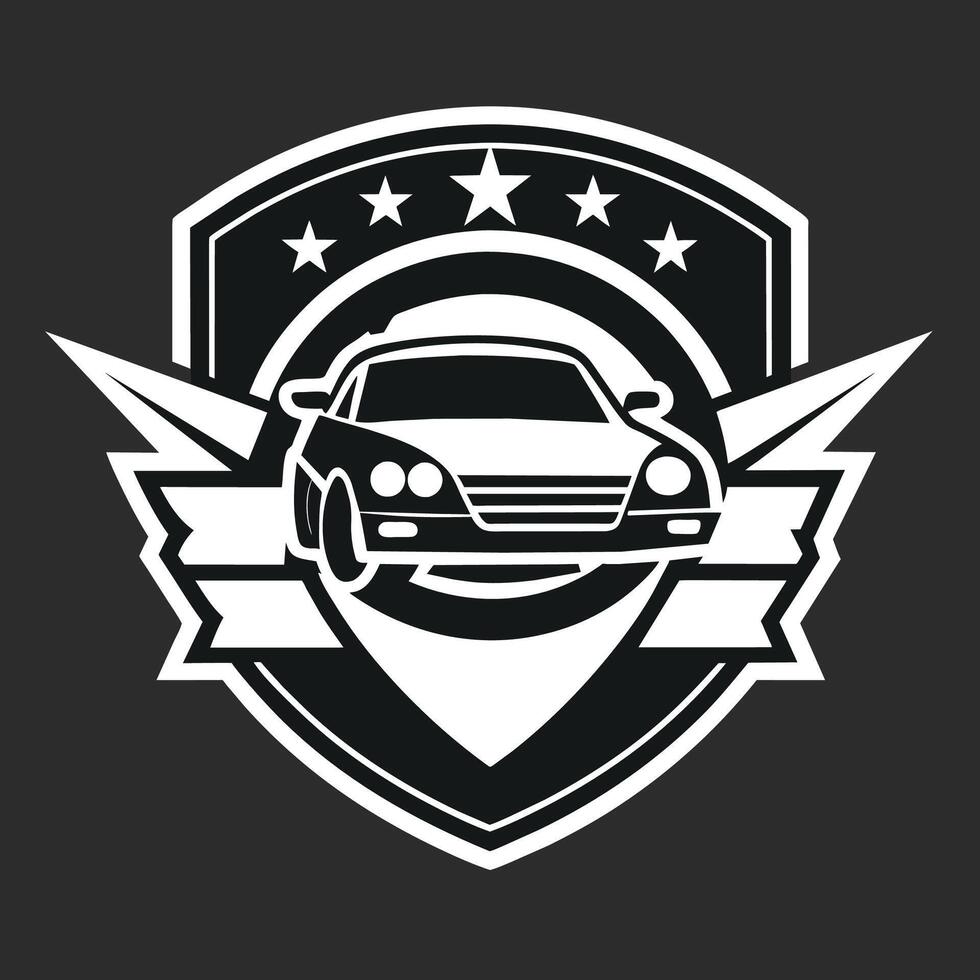 A sleek car emblem featuring stars and a shield design, adding a touch of sophistication to the vehicles appearance, Develop a sleek and understated emblem for a vehicle repair shop vector