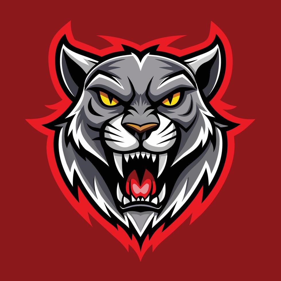 un de cerca ver de un gris y rojo tigres cara con perforación amarillo ojos, feroz muertos vivientes felino, zombi Puma mascota logo diseño vector