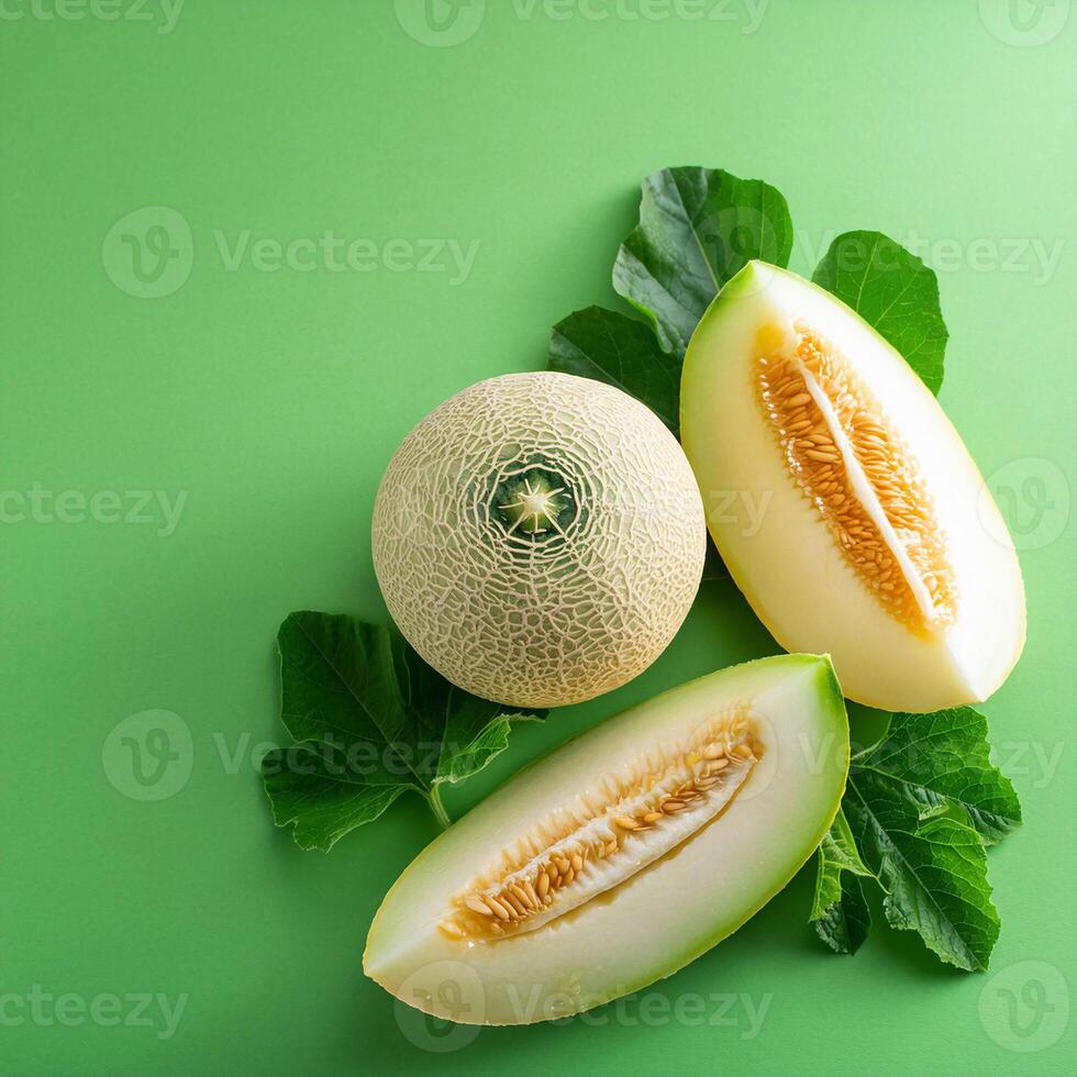 a melon with a slice cut out of it on a green background photo