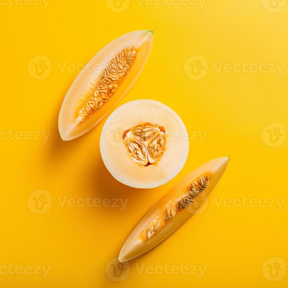 a melon with a slice cut out of it on a yellow background photo
