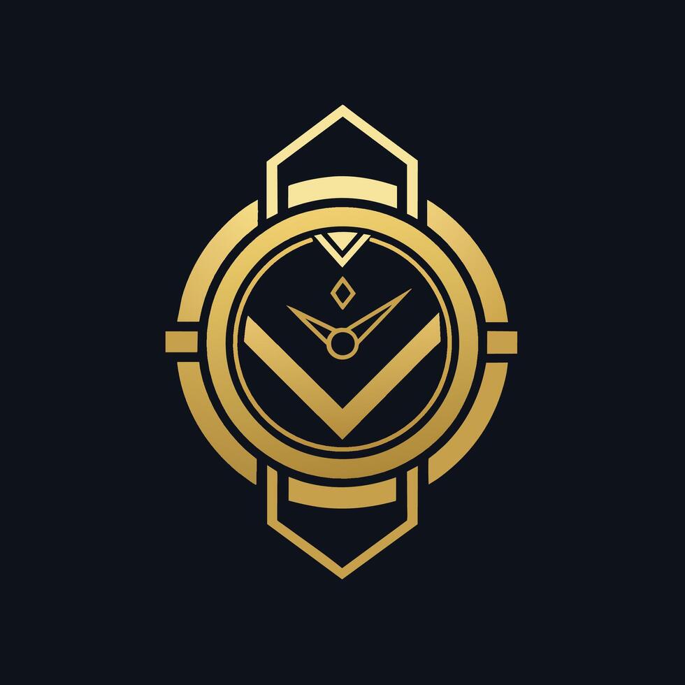 elegante oro reloj en negro fondo, desarrollar un minimalista logo para un lujo reloj empresa ese transporta artesanía y excelencia vector