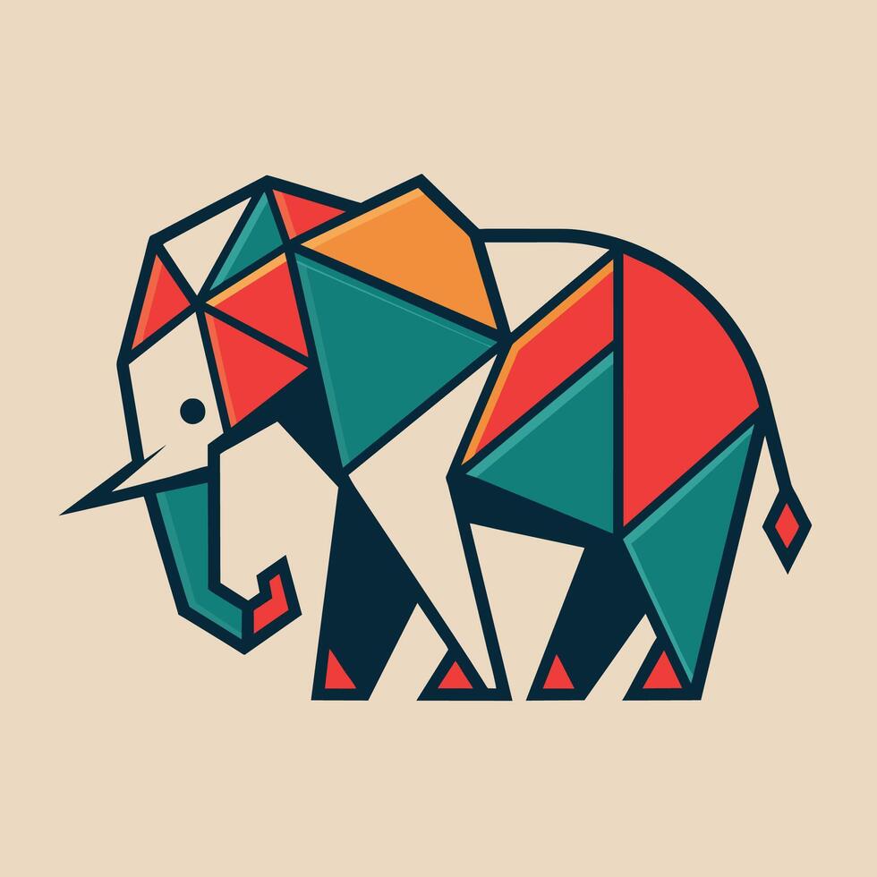 Elephant shape created with triangles on a plain beige backdrop, Generate a minimalistic logo using only geometric shapes to represent an elephant vector