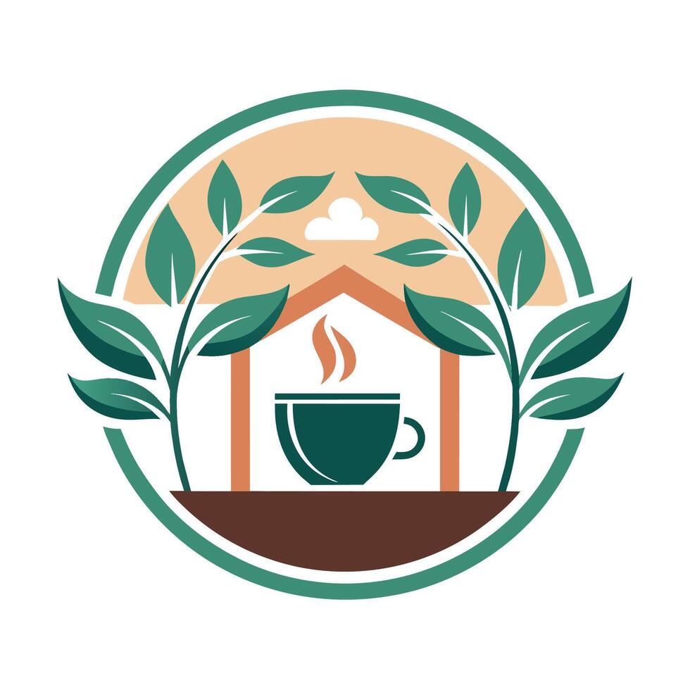 A cup of coffee placed among green leaves in a cozy setting, Create a minimalist logo inspired by the cozy atmosphere of a cafe vector