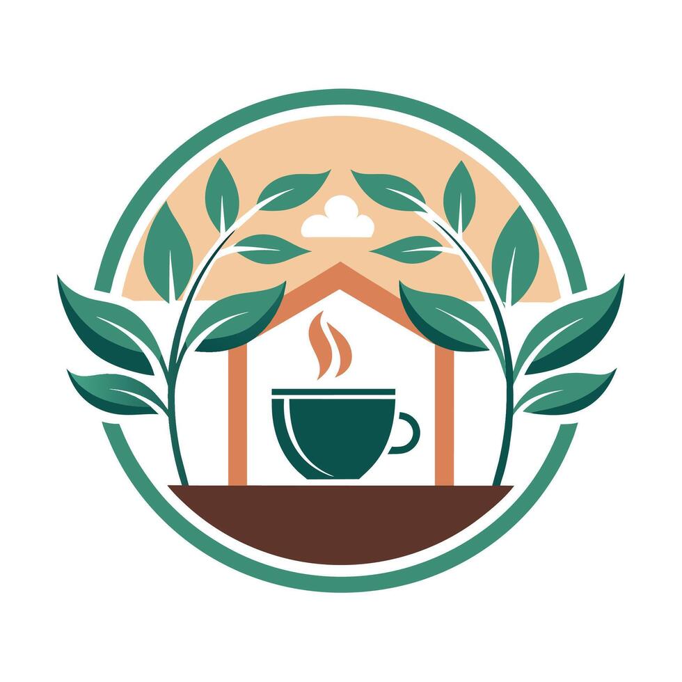 un taza de café metido entre verde hojas en un acogedor configuración, crear un minimalista logo inspirado por el acogedor atmósfera de un café vector