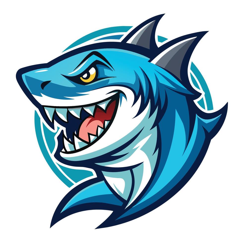 Illustration of a furious blue shark displaying its teeth with an open mouth, Illustrated Furious Shark, Logo, Mascot vector
