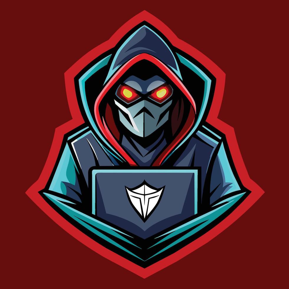 A person wearing a hoodie is typing on a laptop computer, hacker mascot for sports and esports logo vector