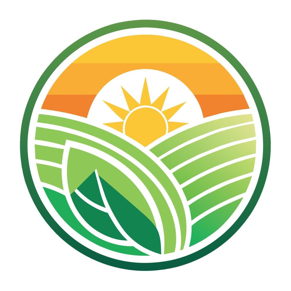 A green leaf and a sun enclosed in a circle design, featuring a gradient effect, Geometric round logo sun field and leaf gradient vector