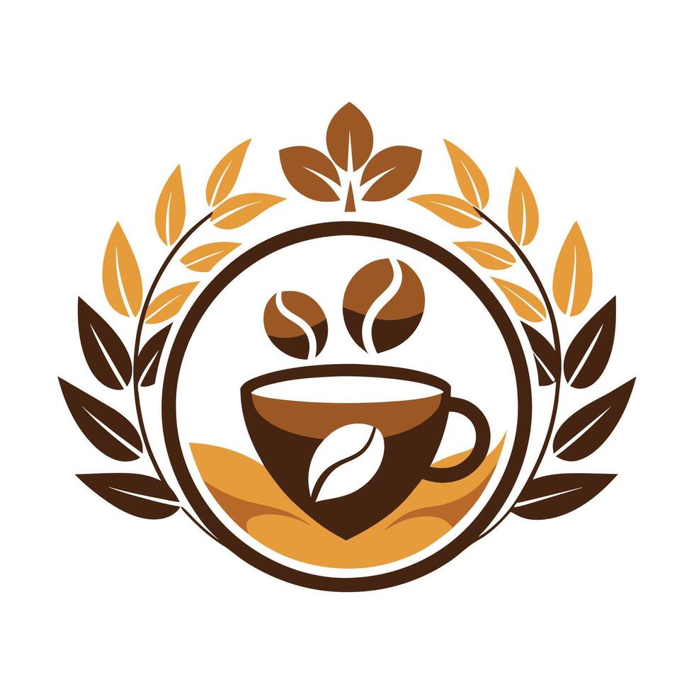 un café taza metido en medio de verde hojas creando un natural configuración, incorporar elementos de café tazas y frijoles dentro un simple, minimalista logo vector