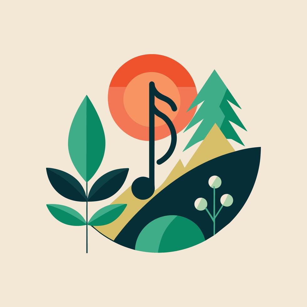 A music note rests atop a hill covered in leaves, Explore the connection between music and nature in a minimalist composition vector