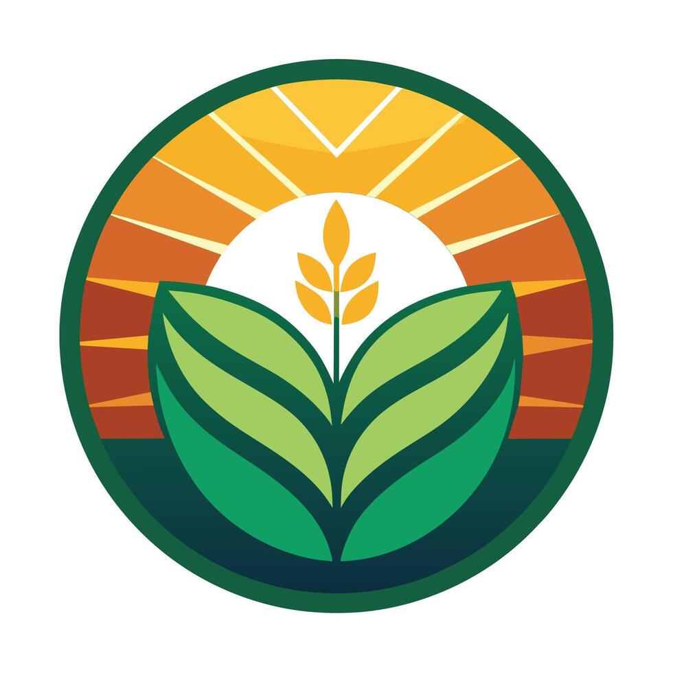 A green leaf stands out against a bright sun in the background, creating a natural contrast and highlighting natures beauty, Geometric round logo sun field and leaf gradient vector