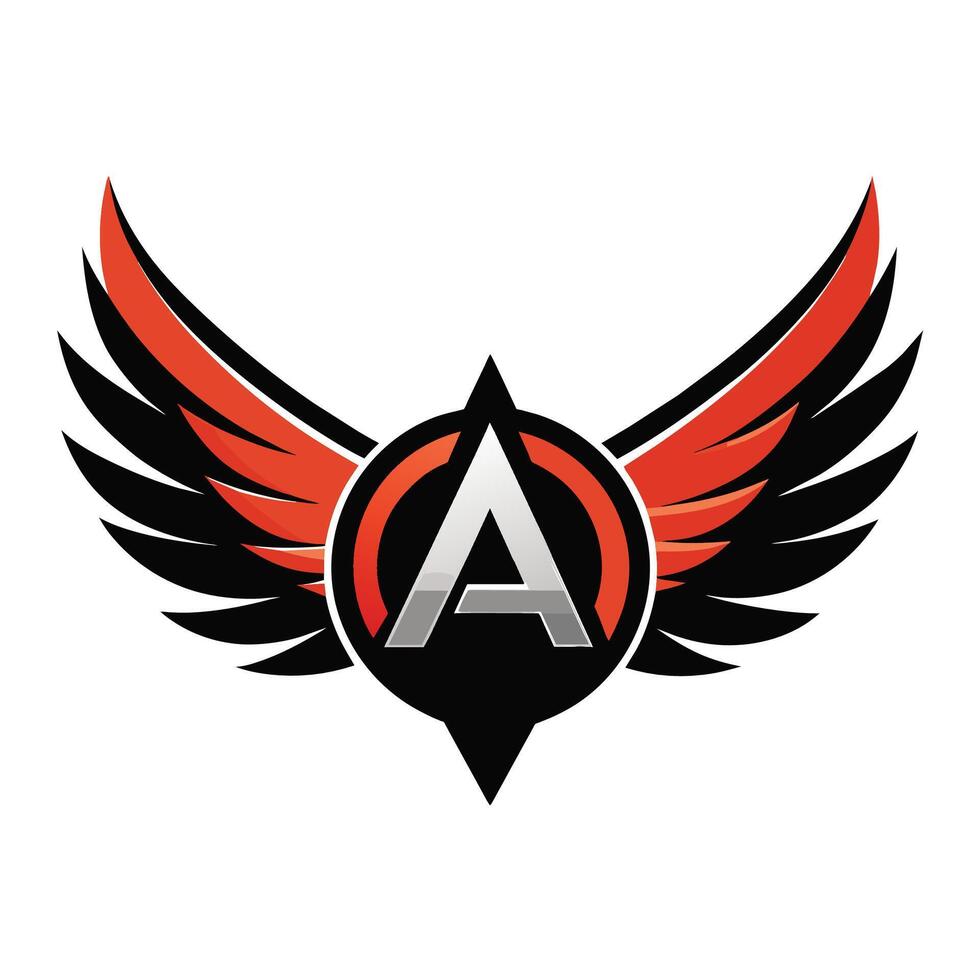 A logo featuring red and black colors with wings symbol, Initial letter A logo and wings symbol vector