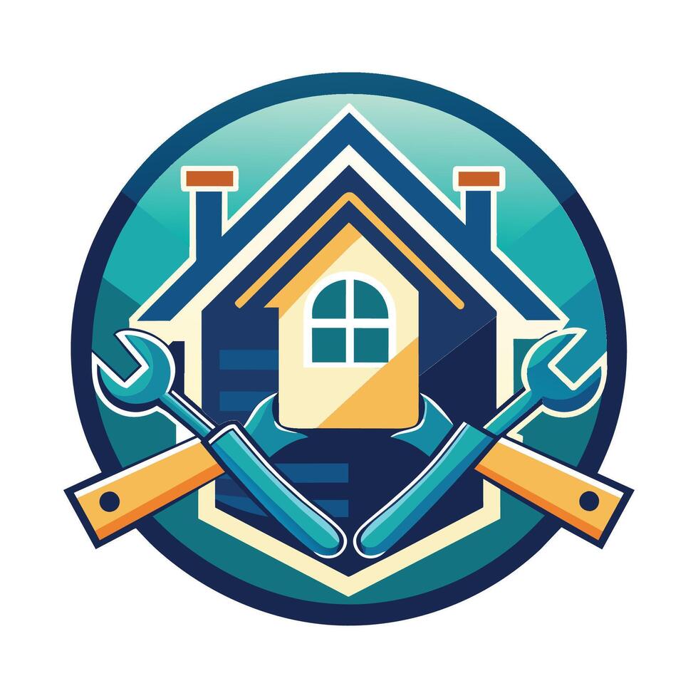 A house with wrenches in front of it, showcasing repair or maintenance work being done, home repair Logo vector