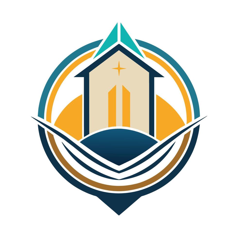 A church building featuring a prominent cross on its roof, Fashion a stylish logo that exudes simplicity and a welcoming atmosphere vector
