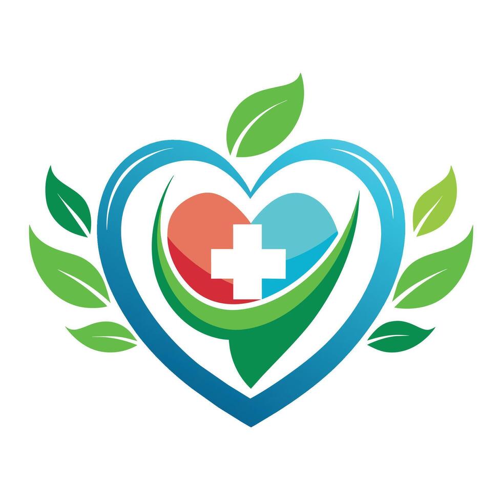 corazón forma lleno con hojas y un cruzar símbolo en el centro, salud cuidado logo conjunto con corazón forma vector